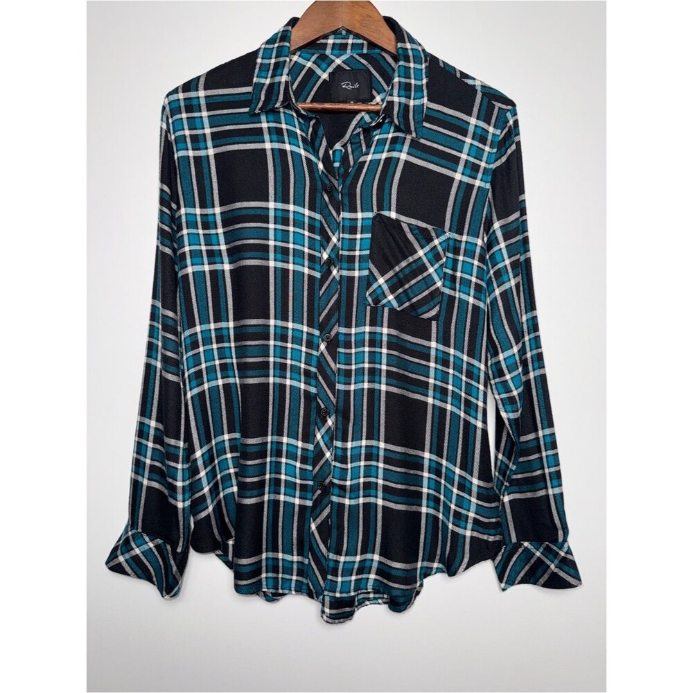 Rails Hunter Womens Medium Midnight Cerulean Shirt Black Blue teal Plaid Button